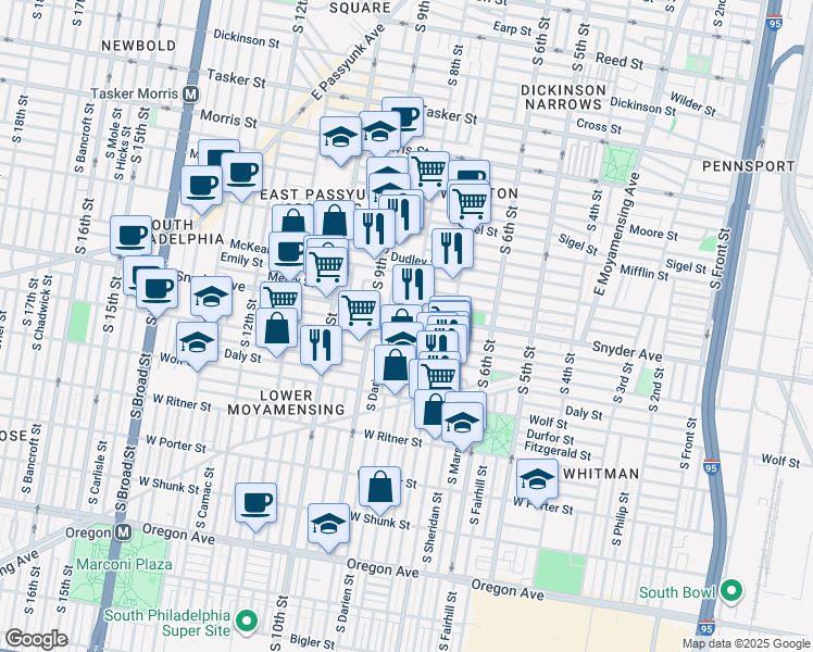 map of restaurants, bars, coffee shops, grocery stores, and more near 2110 South 8th Street in Philadelphia