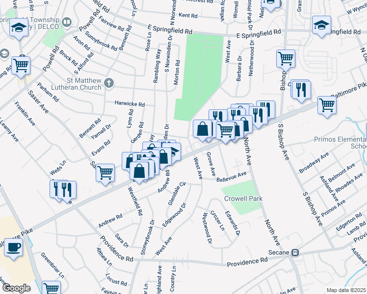 map of restaurants, bars, coffee shops, grocery stores, and more near 316 Baltimore Pike in Springfield