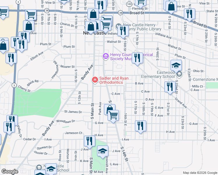 map of restaurants, bars, coffee shops, grocery stores, and more near 930 S 14th St in New Castle
