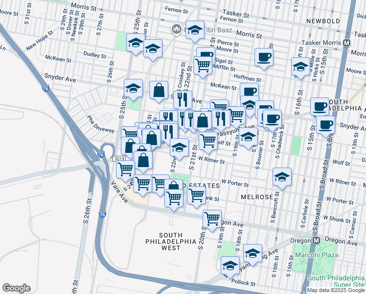 map of restaurants, bars, coffee shops, grocery stores, and more near 2128 West Passyunk Avenue in Philadelphia