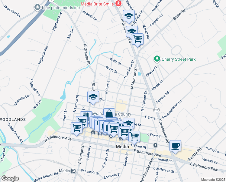 map of restaurants, bars, coffee shops, grocery stores, and more near 17 West 5th Street in Chester