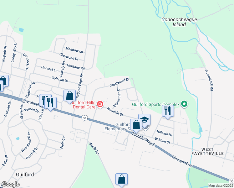 map of restaurants, bars, coffee shops, grocery stores, and more near 101 Equestrian Drive in Chambersburg