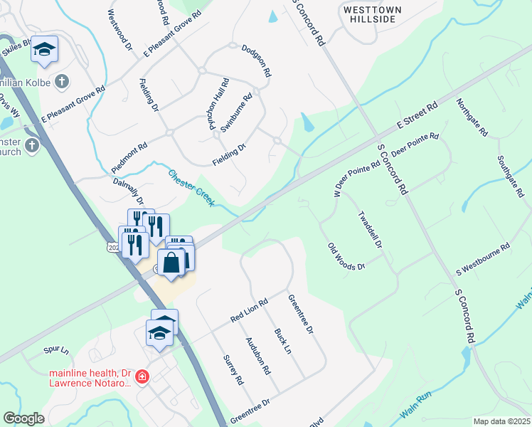map of restaurants, bars, coffee shops, grocery stores, and more near 270 Street Road in West Chester