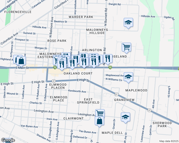 map of restaurants, bars, coffee shops, grocery stores, and more near 23 Buxton Avenue in Springfield