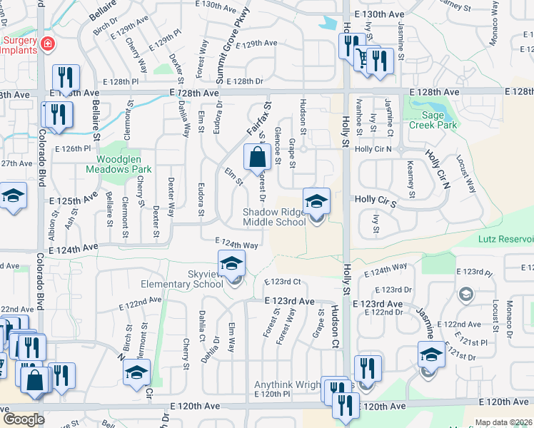 map of restaurants, bars, coffee shops, grocery stores, and more near 12524 Forest Drive in Thornton