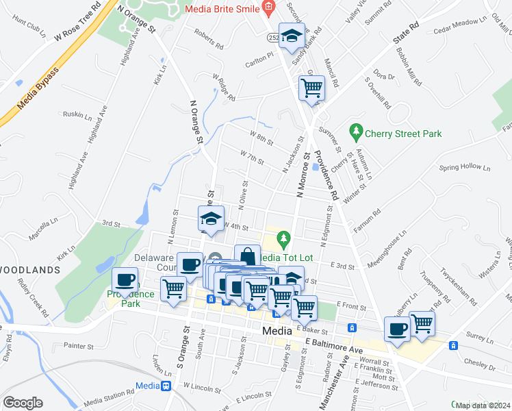 map of restaurants, bars, coffee shops, grocery stores, and more near 17 West 5th Street in Chester