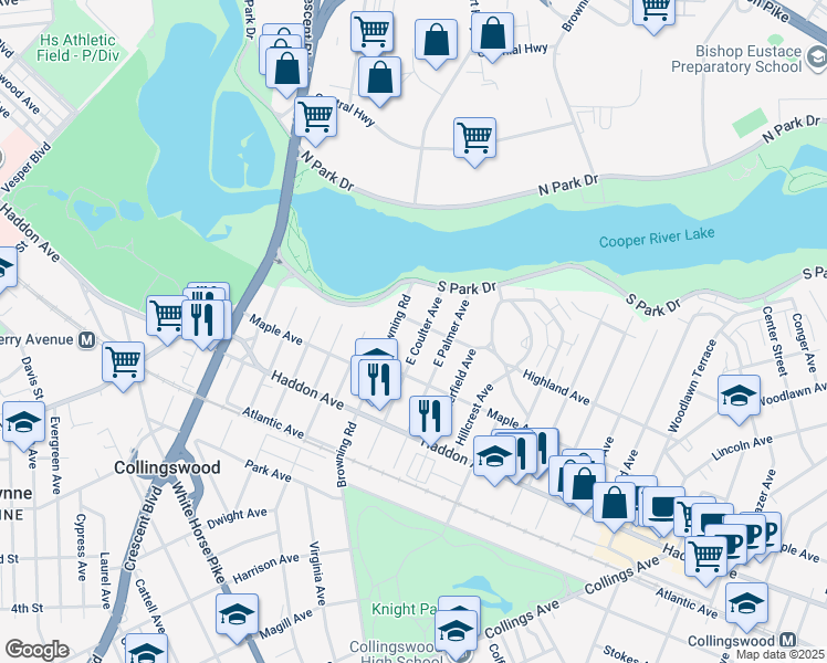 map of restaurants, bars, coffee shops, grocery stores, and more near 117 East Coulter Avenue in Collingswood