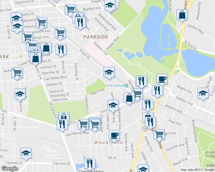 map of restaurants, bars, coffee shops, grocery stores, and more near 1801 Davis Street in Camden