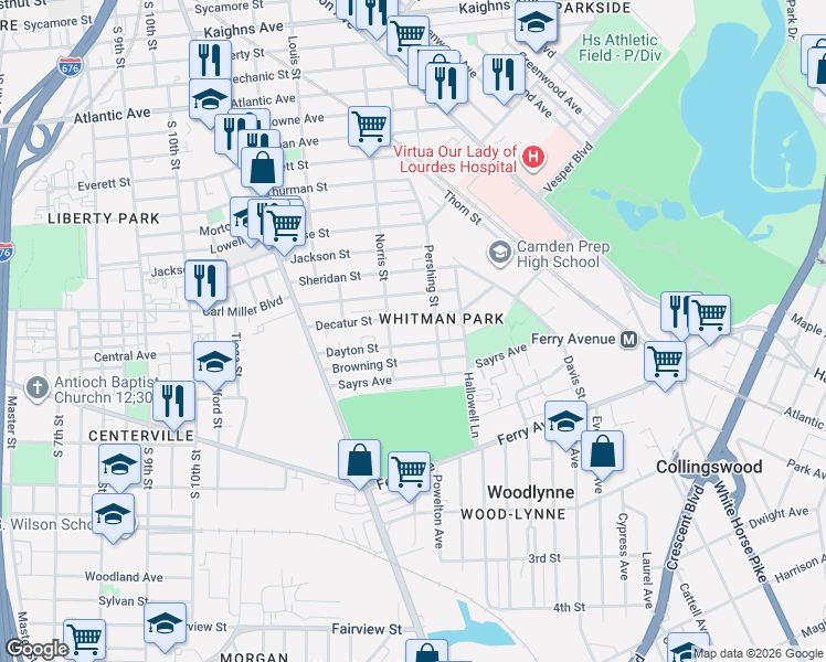 map of restaurants, bars, coffee shops, grocery stores, and more near 1323 Dayton Street in Camden