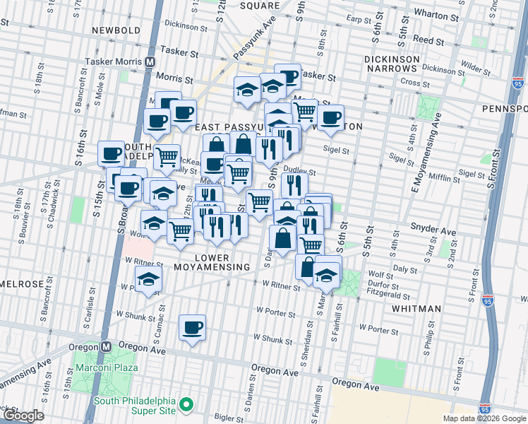 map of restaurants, bars, coffee shops, grocery stores, and more near in Philadelphia