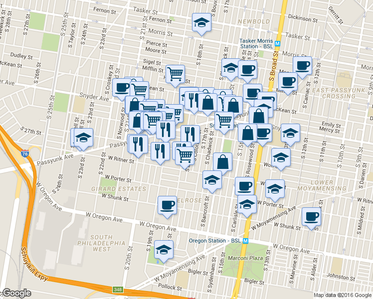 map of restaurants, bars, coffee shops, grocery stores, and more near 2300 South 18th Street in Philadelphia