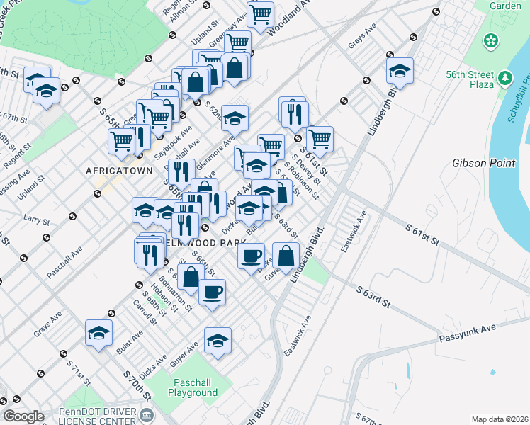 map of restaurants, bars, coffee shops, grocery stores, and more near 6308 Buist Avenue in Philadelphia
