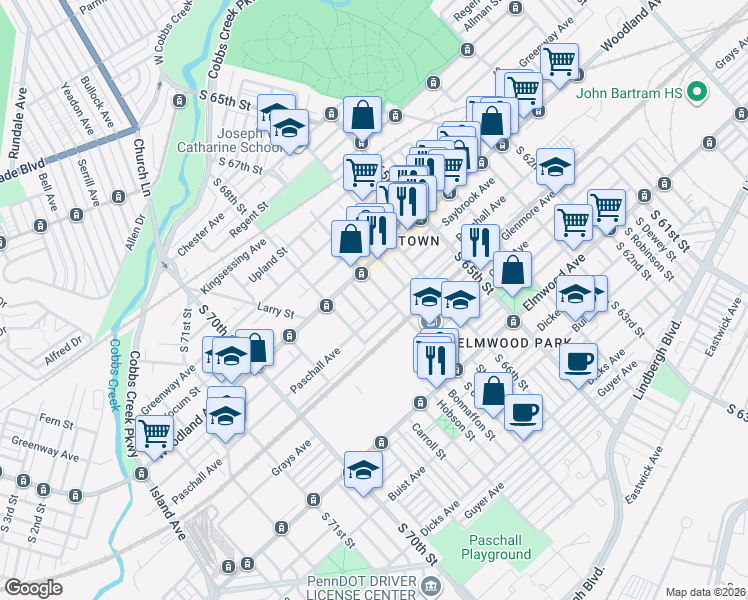 map of restaurants, bars, coffee shops, grocery stores, and more near 2235 Hobson Street in Philadelphia