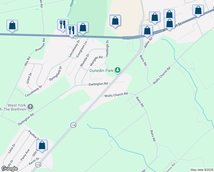 map of restaurants, bars, coffee shops, grocery stores, and more near 340 Hanover Road in York