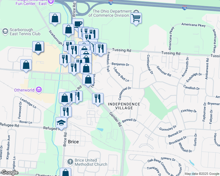 map of restaurants, bars, coffee shops, grocery stores, and more near 2927 United Court in Reynoldsburg