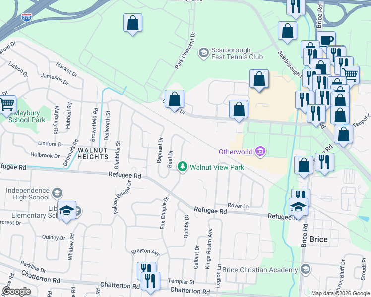 map of restaurants, bars, coffee shops, grocery stores, and more near 2760 Barrows Road in Columbus