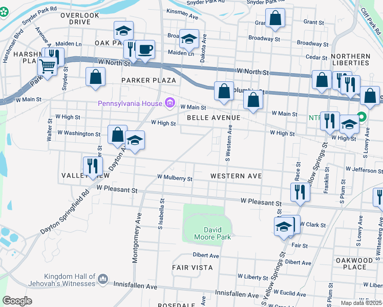 map of restaurants, bars, coffee shops, grocery stores, and more near 1198 West Jefferson Street in Springfield