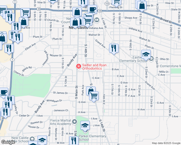 map of restaurants, bars, coffee shops, grocery stores, and more near 930 S 14th St in New Castle
