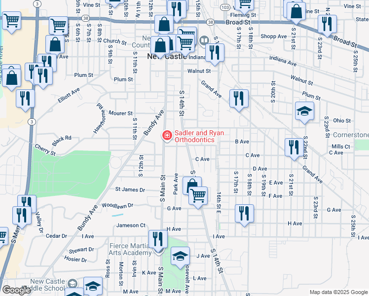 map of restaurants, bars, coffee shops, grocery stores, and more near 930 S 14th St in New Castle