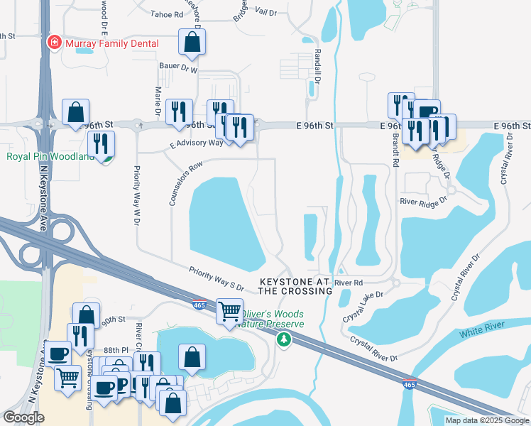 map of restaurants, bars, coffee shops, grocery stores, and more near 9325 Delegates Row in Indianapolis