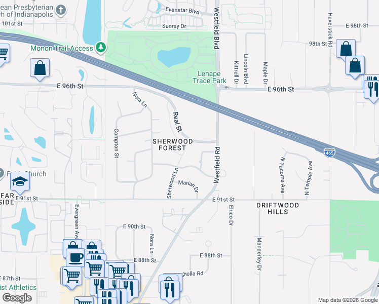 map of restaurants, bars, coffee shops, grocery stores, and more near 9244 Robin Lane in Indianapolis