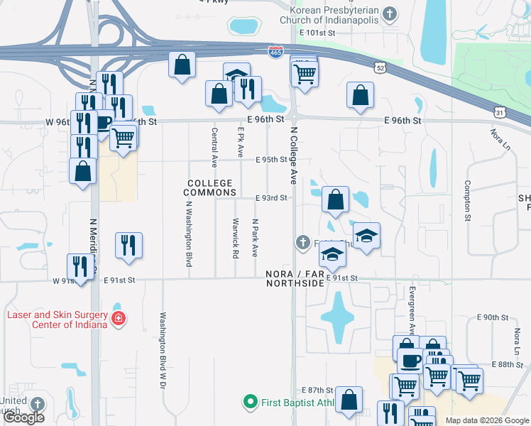 map of restaurants, bars, coffee shops, grocery stores, and more near 9223 North Park Avenue in Indianapolis