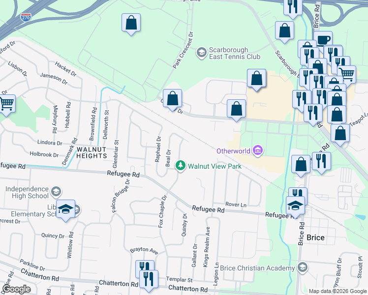 map of restaurants, bars, coffee shops, grocery stores, and more near 2760 Barrows Road in Columbus