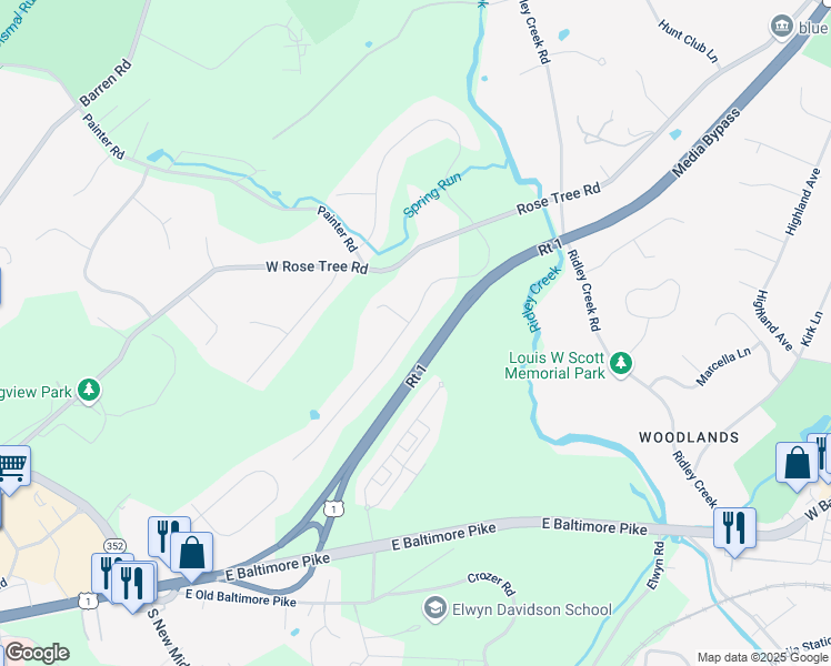 map of restaurants, bars, coffee shops, grocery stores, and more near 534 South Heilbron Drive in Media