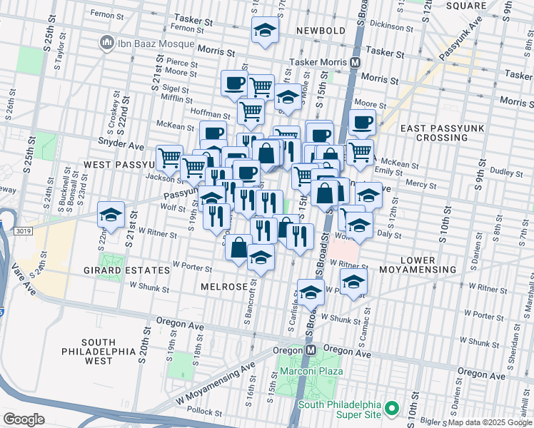 map of restaurants, bars, coffee shops, grocery stores, and more near 2235 South Bancroft Street in Philadelphia