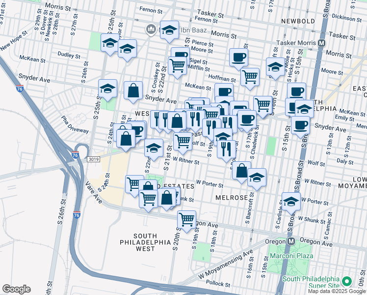 map of restaurants, bars, coffee shops, grocery stores, and more near 2316 South Woodstock Street in Philadelphia