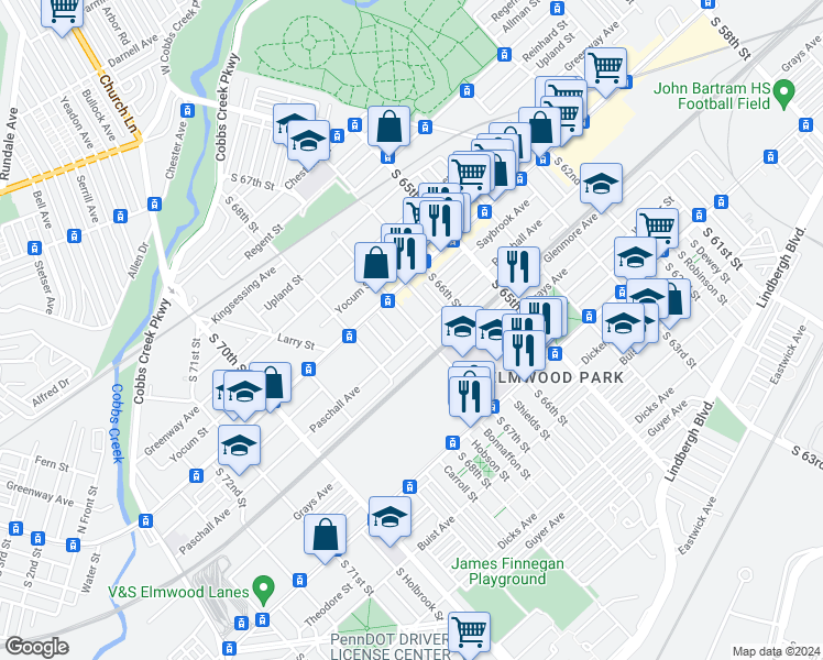 map of restaurants, bars, coffee shops, grocery stores, and more near 6703 Paschall Avenue in Philadelphia
