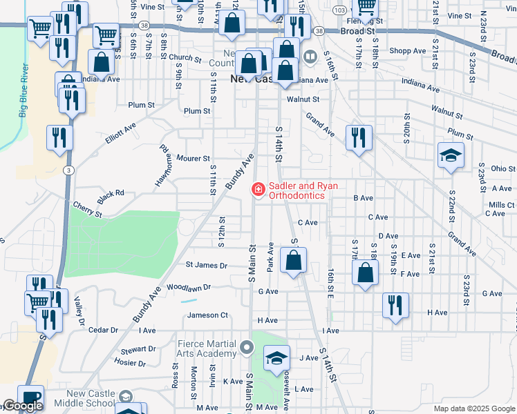 map of restaurants, bars, coffee shops, grocery stores, and more near 141-201 Park Avenue in New Castle