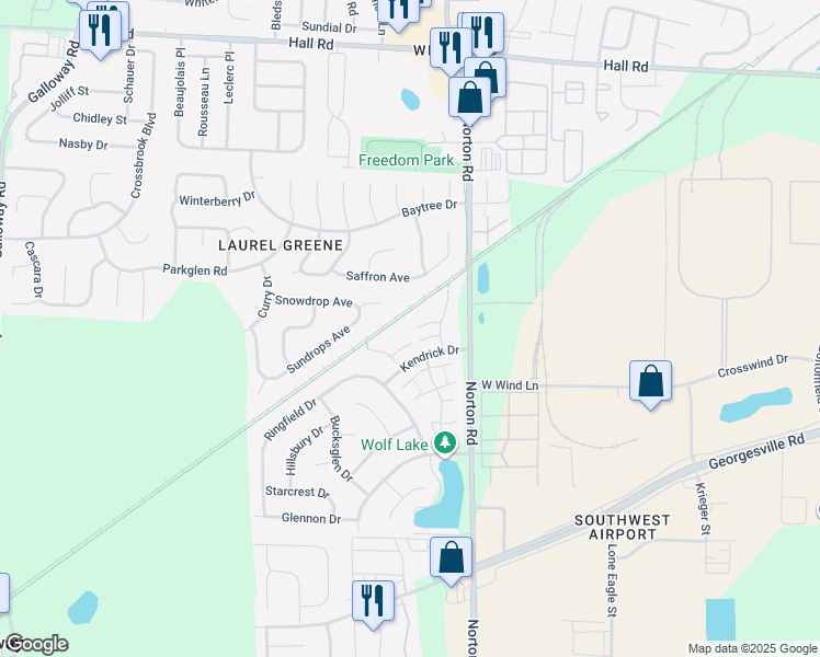 map of restaurants, bars, coffee shops, grocery stores, and more near 5754 Bellport Court in Galloway