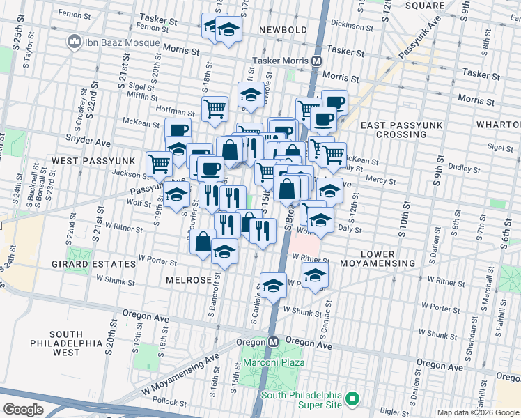 map of restaurants, bars, coffee shops, grocery stores, and more near 2242 South Hicks Street in Philadelphia