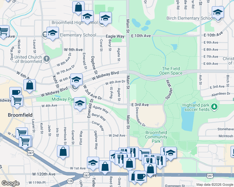map of restaurants, bars, coffee shops, grocery stores, and more near 325 Agate Street in Broomfield