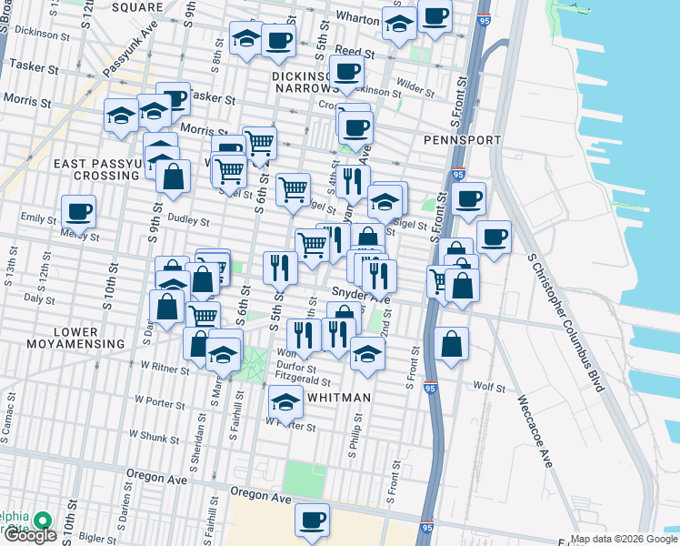 map of restaurants, bars, coffee shops, grocery stores, and more near in Philadelphia