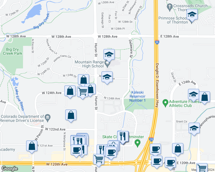 map of restaurants, bars, coffee shops, grocery stores, and more near 12400 Huron Street in Westminster