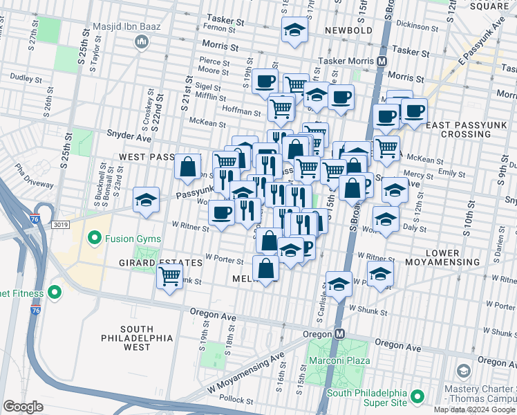 map of restaurants, bars, coffee shops, grocery stores, and more near 1729 Wolf Street in Philadelphia