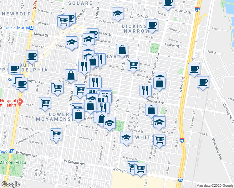 map of restaurants, bars, coffee shops, grocery stores, and more near 2038 South 6th Street in Philadelphia