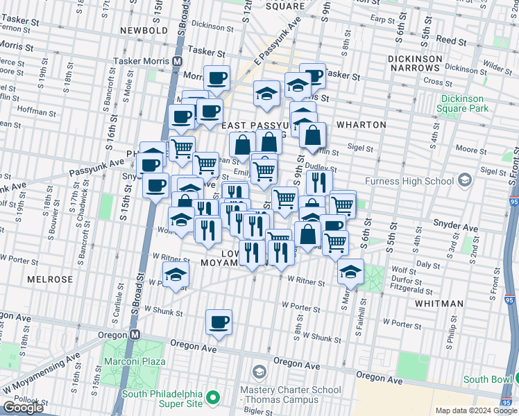 map of restaurants, bars, coffee shops, grocery stores, and more near 1003 Winton Street in Philadelphia