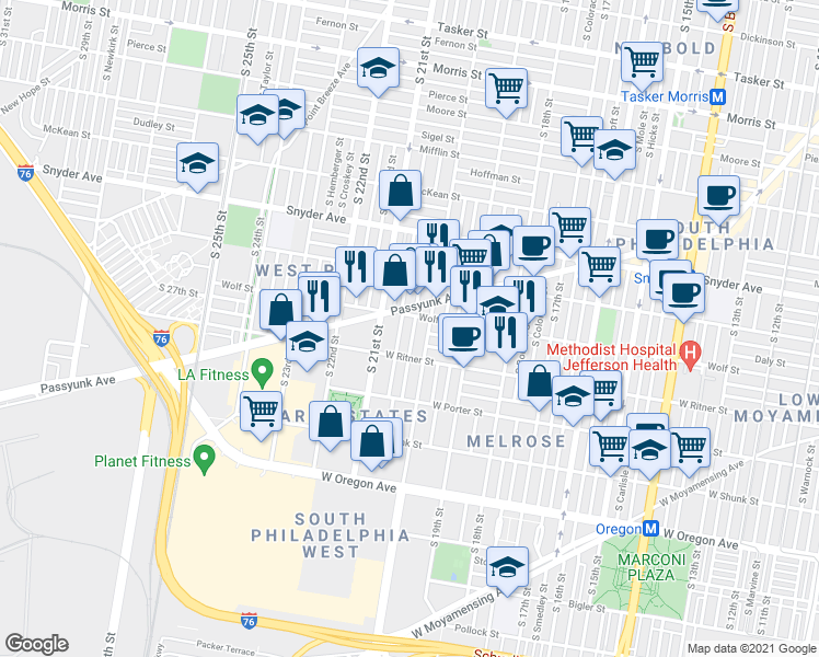 map of restaurants, bars, coffee shops, grocery stores, and more near 2314 South Woodstock Street in Philadelphia