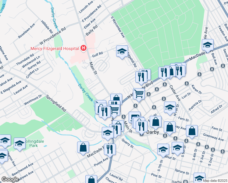 map of restaurants, bars, coffee shops, grocery stores, and more near 1205 Main Street in Darby