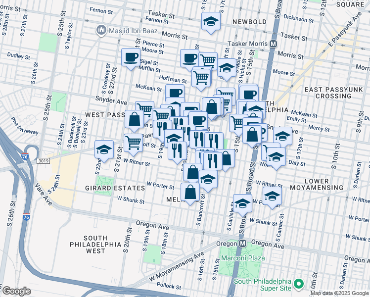 map of restaurants, bars, coffee shops, grocery stores, and more near 1729 Wolf Street in Philadelphia