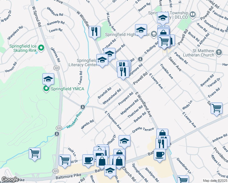 map of restaurants, bars, coffee shops, grocery stores, and more near 446 Wheatsheaf Road in Springfield