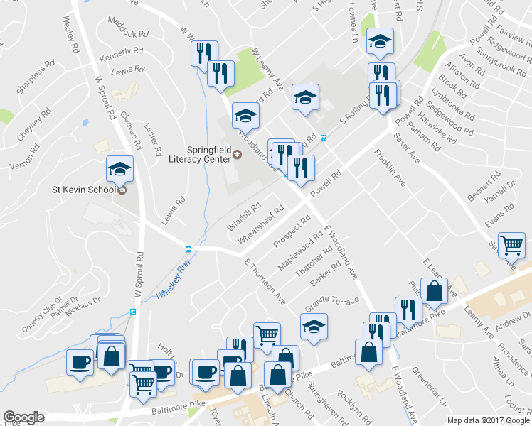 map of restaurants, bars, coffee shops, grocery stores, and more near 446 Wheatsheaf Road in Springfield
