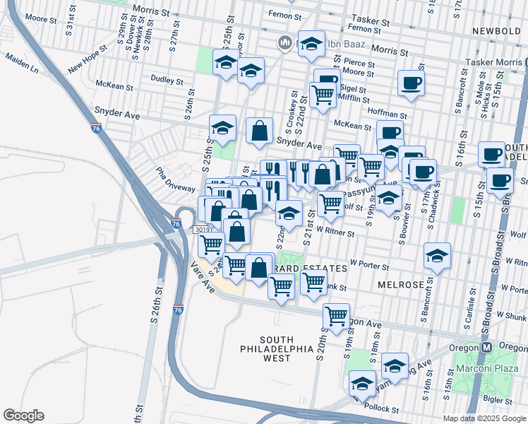 map of restaurants, bars, coffee shops, grocery stores, and more near 2340 South Hemberger Street in Philadelphia