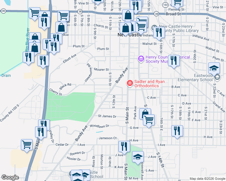 map of restaurants, bars, coffee shops, grocery stores, and more near 1200 Southern Ave in New Castle