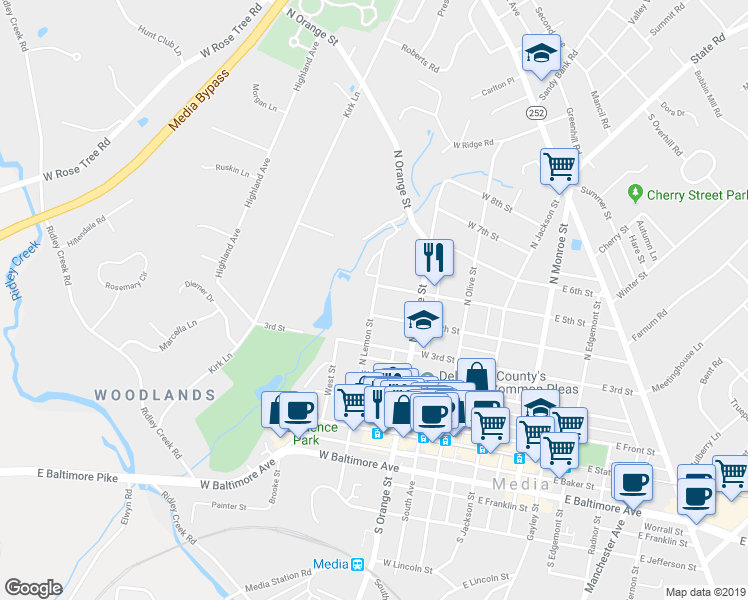 map of restaurants, bars, coffee shops, grocery stores, and more near 401 North Lemon Street in Media