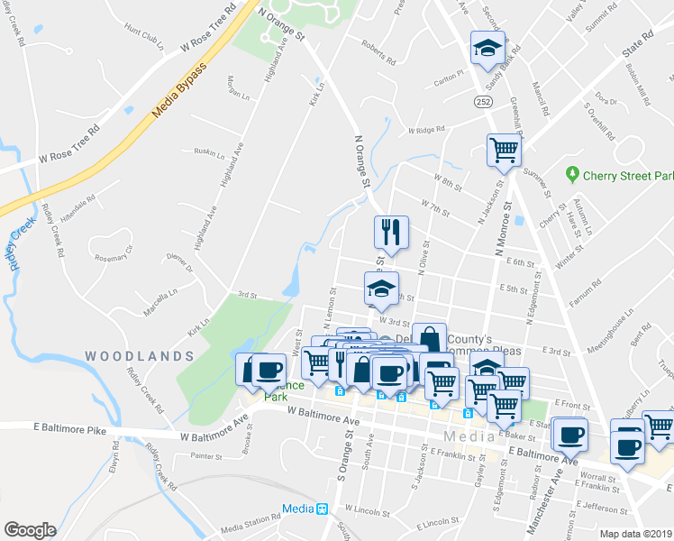 map of restaurants, bars, coffee shops, grocery stores, and more near North Lemon Street in Media