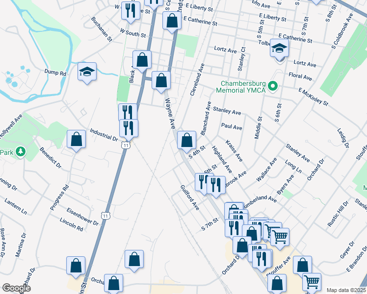 map of restaurants, bars, coffee shops, grocery stores, and more near 1117 South 4th Street in Chambersburg